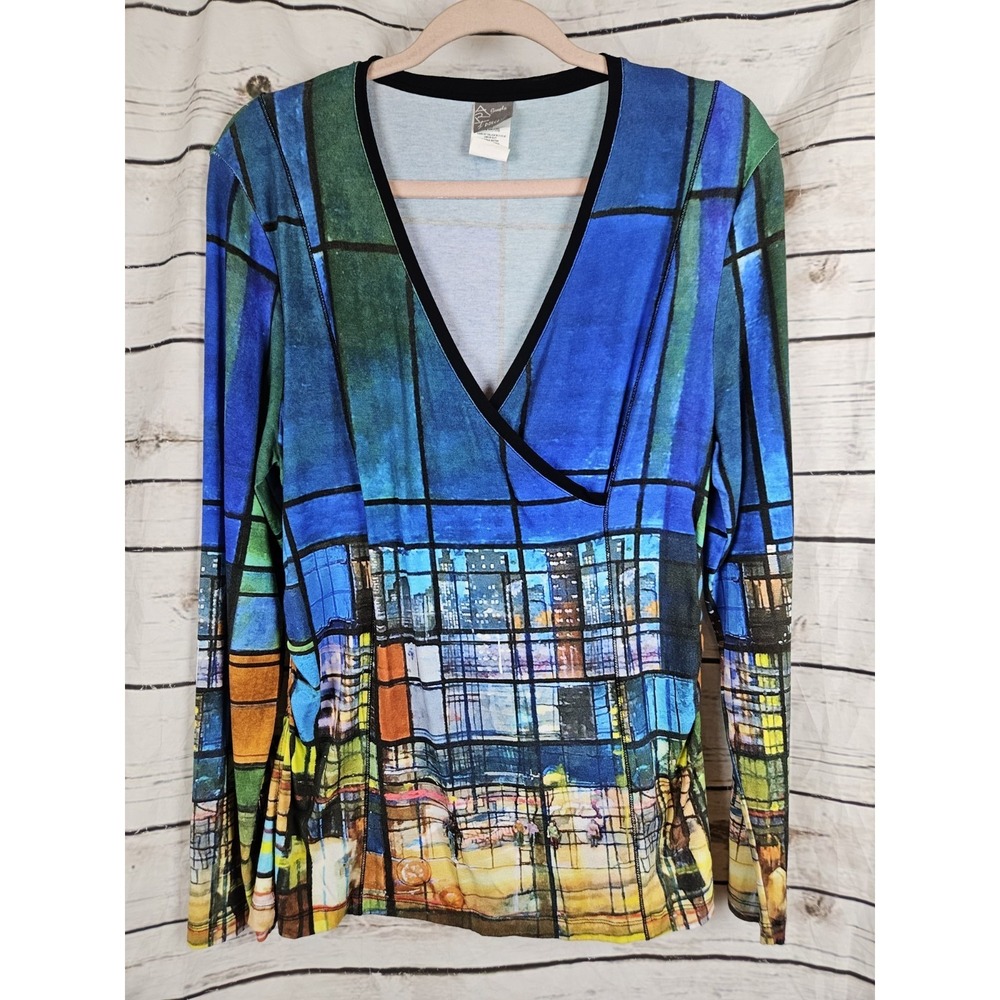 Simply Art Dolcezza Knit Top L Faux Wrap Long Sleeves City View Stained Glass